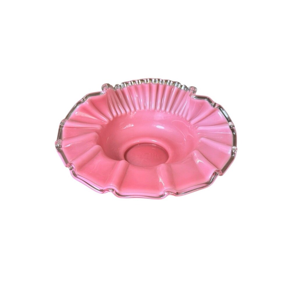 Vintage Fenton Pink Milk Glass and Clear Crest Ruffled Edge Bowl Bridal Basket